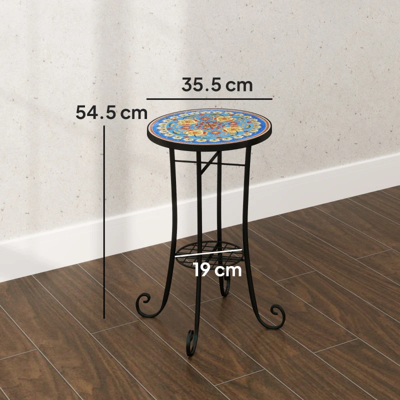 Best Mosaic Garden Table, 35.5 cm Round Outdoor Table with Shelf, Ceramic Tile Top, Small Garden Side Table Bistro Table End Table Plant Stand for Indoor, Patio, Balcony, Blue - Image 3