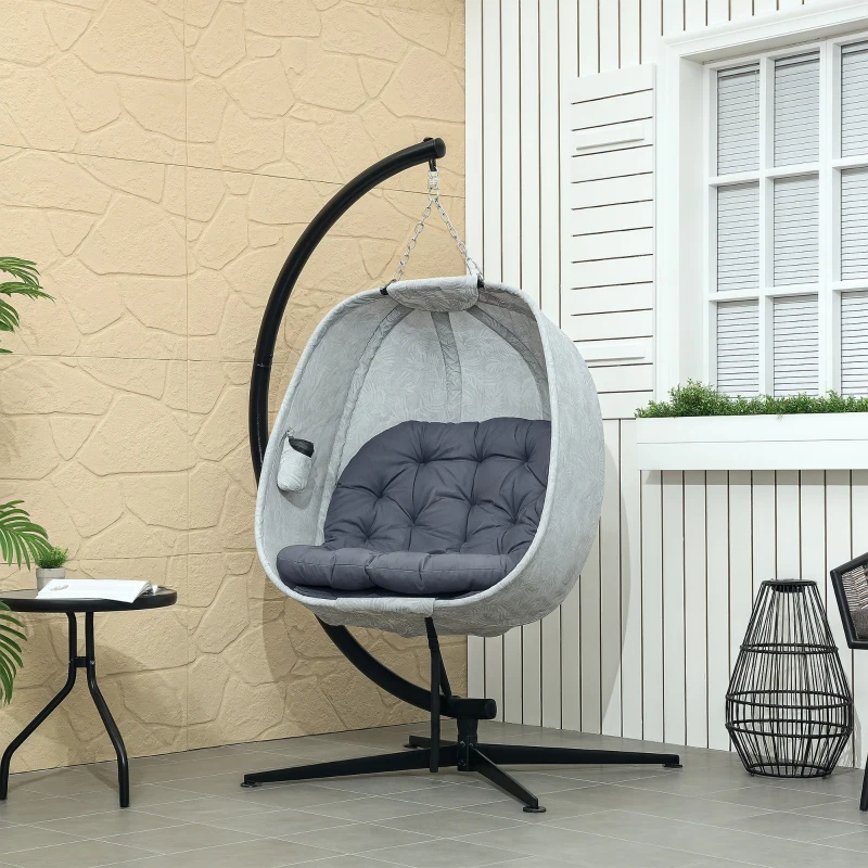 Best Hanging Egg Chair Outdoor Indoor Garden Swing Chair with Folding Basket, Garden Hanging Chair with Stand, Thickened Cushion, Cup Holder for Patio, Balcony, Grey - Image 2