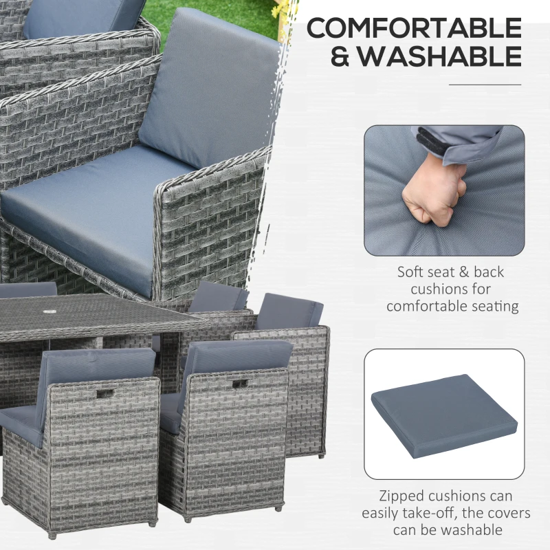 Best 8 Seater Rattan Cube Garden Furniture Set with Parasol Hole, Rattan Dining Set with Cushions, Outdoor Dining Table and Chairs with Square Glass Top Table for Patio, Balcony, Mixed Grey - Image 6