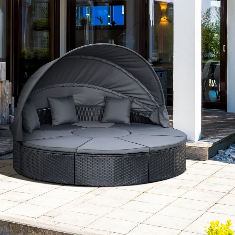 Best 4 Pieces PE Rattan Garden Daybed Set, Outdoor Wicker Cushioned Round Sofa Bed Conversation Furniture with Coffee Table & Canopy, Black - Image 2