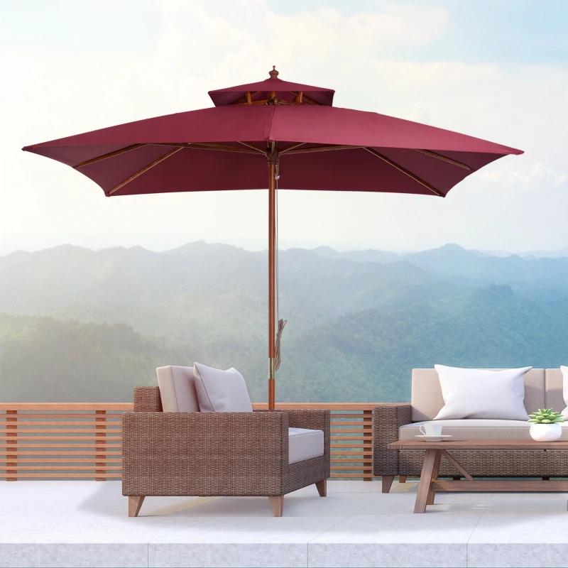 Best 3 x 3(M) Garden Parasol Umbrella Sunshade, Outdoor Wooden Parasol with Double Tier Canopy, Wine Red - Image 2