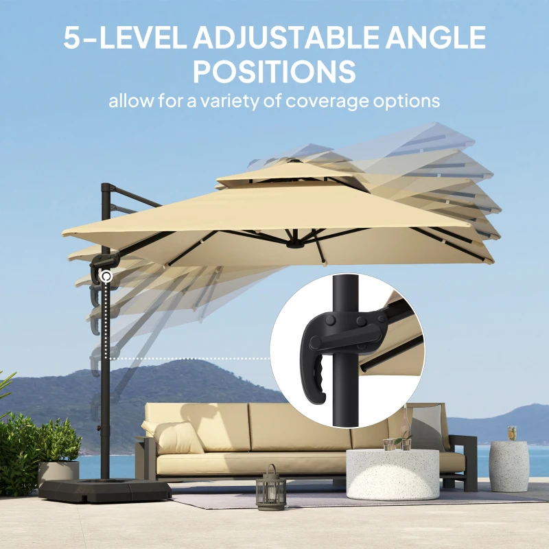 Best 2.7 x 2.7(m) Cantilever Parasol with Aluminium Frame, Crank and Tilt, 360° Rotation, Double Top Garden Umbrella with Base and Cover, Khaki - Image 5