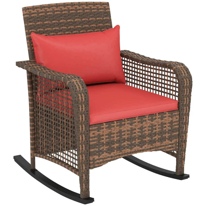 Best Garden Rocking Chair, Outdoor Rattan Rocker Lounge Chair with Seat and Back Cushions, Patio Armchair Seat with All-weather Wicker, Steel Frame for Porch Balcony, Red