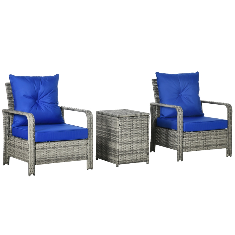 Best 3 Pieces Rattan Bistro Set, Wicker Garden Furniture Set with Storage Coffee Table and Chairs, Thickened Cushions for Outdoor, Patio, Balcony, Blue - Image 11