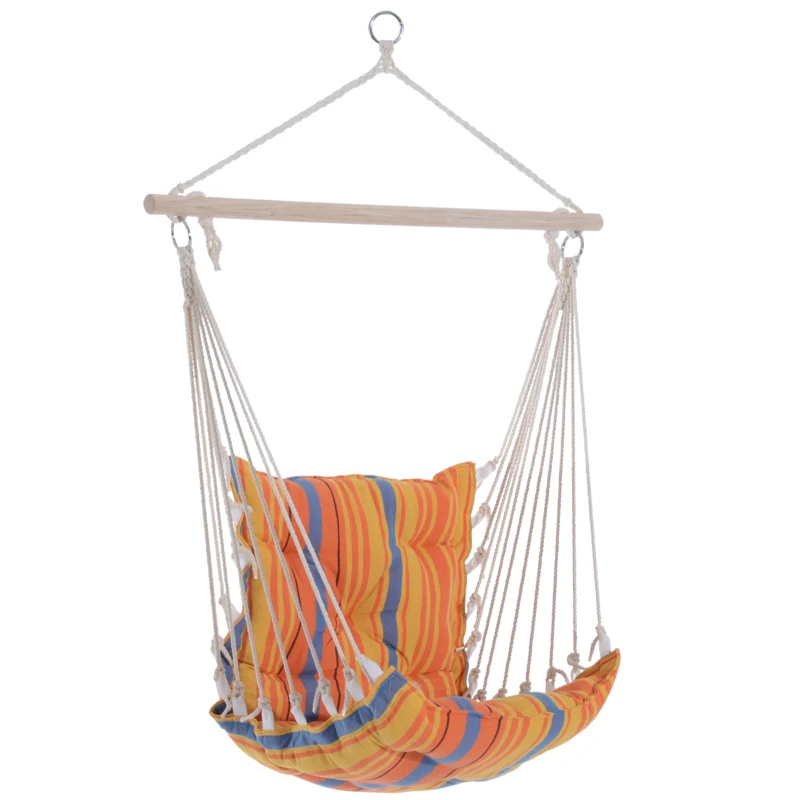 Best Outdoor Hanging Rope Chair with Soft Padded Seat & Backrest, Garden Hammock Chair with Wooden Support Bar Cotton Cloth, Portable Garden Chair for Patio & Tree, Orange