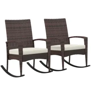 Best Outdoor PE Rattan Rocking Chair Set of 2, Garden Rocking Chair Set with Armrest and Cushion, Brown