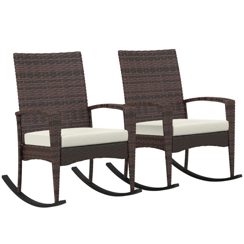 Best Outdoor PE Rattan Rocking Chair Set of 2, Garden Rocking Chair Set with Armrest and Cushion, Brown