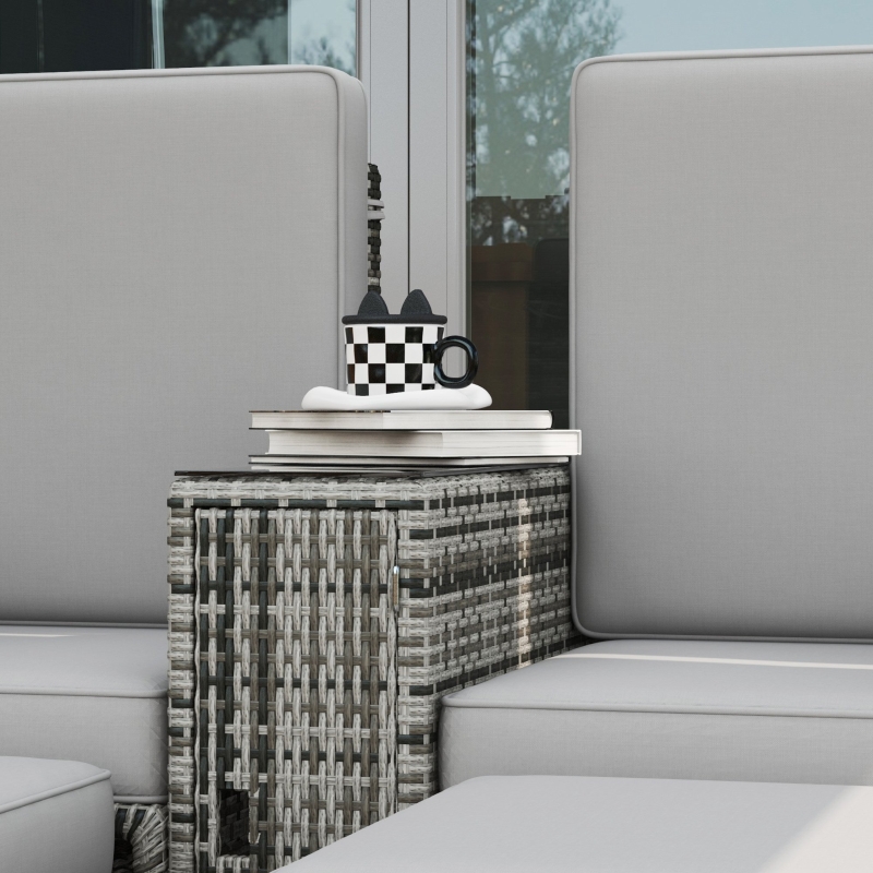 Best Rattan Sun Lounger w/ Storage Tea Table & Footstools, Grey - Image 9