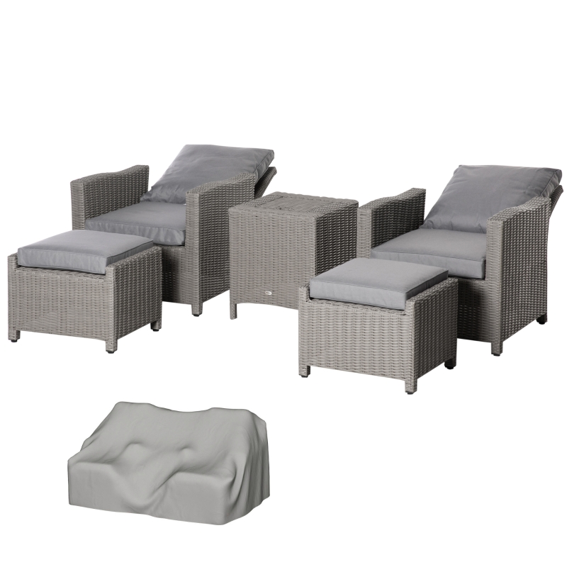 Best 5 Pieces Outdoor PE Rattan Garden Furniture with Cushions, Patio Lounge Adjustable Backrest Chairs, Footstools and Cooler Bar Coffee Table & Cover, Grey - Image 12