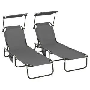 Best Set of Two Folding Sun Loungers, with Adjustable Backs and Sun Canopies - Grey