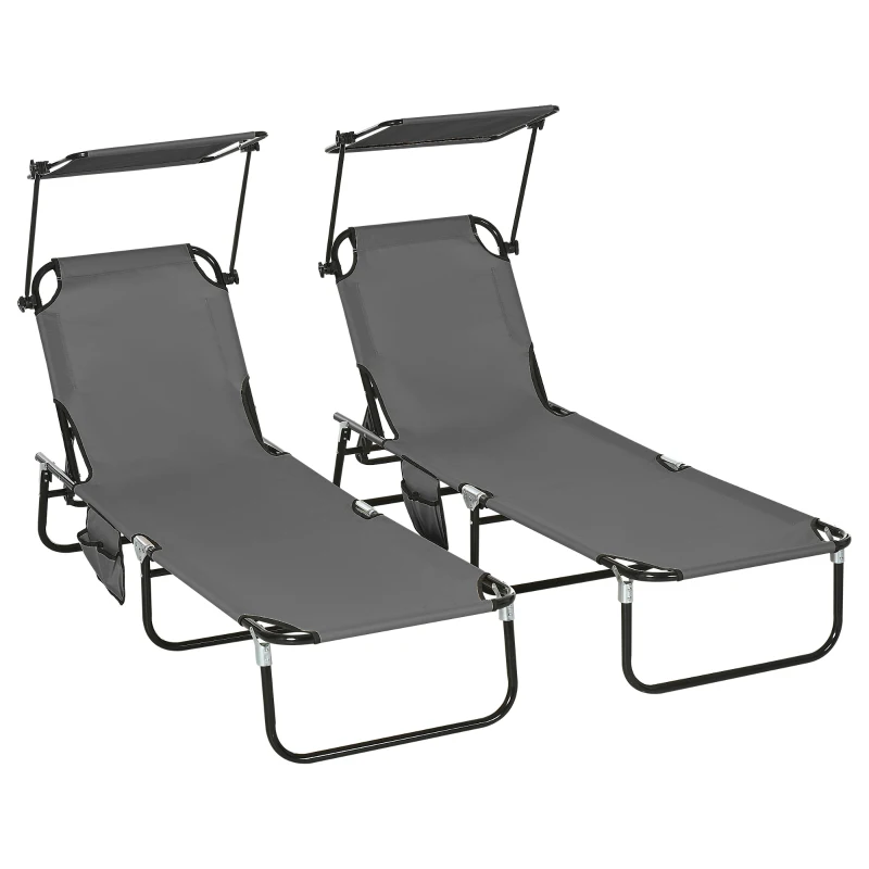 Best Set of Two Folding Sun Loungers, with Adjustable Backs and Sun Canopies - Grey