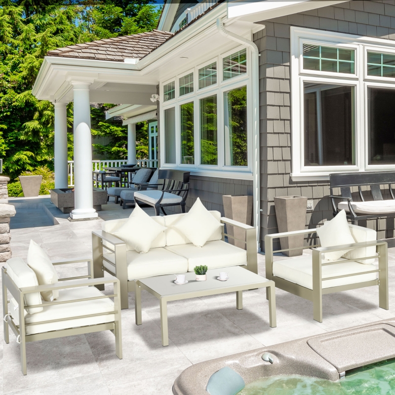 Best 4 Pieces Outdoor Garden Furniture Set, Aluminium Frame Backyard Furniture w/ Thick Padded Cushioned Loveseat, 2 Chairs, and Glass Top Table, Champagne Gold - Image 10