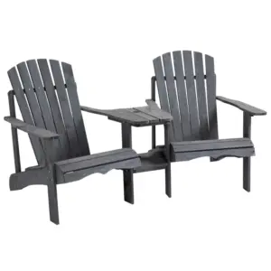 Best Wooden Outdoor Double Adirondack Chairs Loveseat w/ Centre Table and Umbrella Hole, Garden Patio Furniture for Lounging and Relaxing, Dark Grey