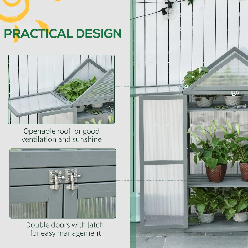 Best Garden Cold Frame Polycarbonate Greenhouse with Adjustable Shelves, Double Doors, Openable Top Covers, Grow House for Flower Vegetable Plants, 80 x 47 x 138cm, Grey - Image 6