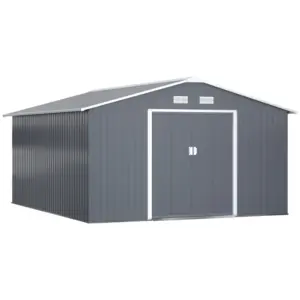 Best 13 x 11ft Metal Garden Shed, Outdoor Storage Tool House with Ventilation Slots, Foundation Kit and Lockable Double Doors, Grey