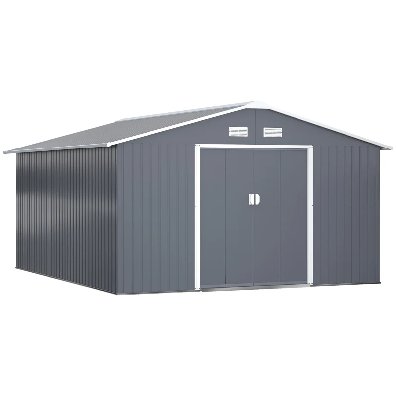 Best 13 x 11ft Metal Garden Shed, Outdoor Storage Tool House with Ventilation Slots, Foundation Kit and Lockable Double Doors, Grey