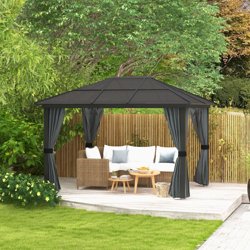 Best 3 x 3.6m Hardtop Gazebo Canopy with Polycarbonate Roof, Aluminium Frame, Permanent Pavilion Garden Gazebo with Netting and Curtains for Patio, Deck, Dark Grey - Image 2