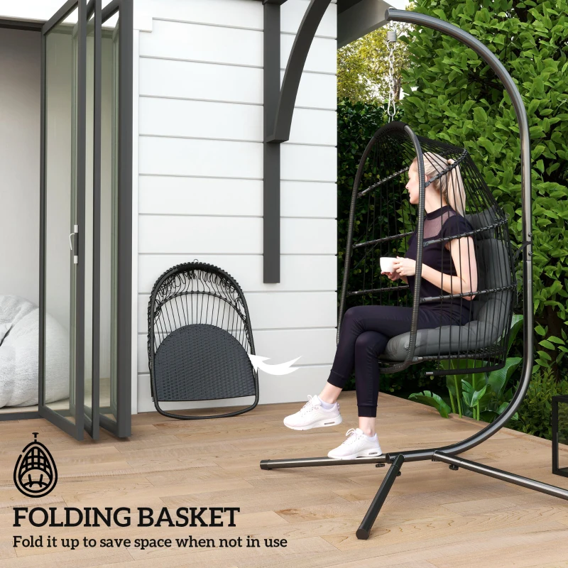 Best Hanging Egg Chair, Foldable Rattan Garden Swing Chair with Installation Kit, Thickened Cushion and Headrest, Indoor Outdoor Hanging Egg Basket Seat for Patio, Porch, Dark Grey - Image 6