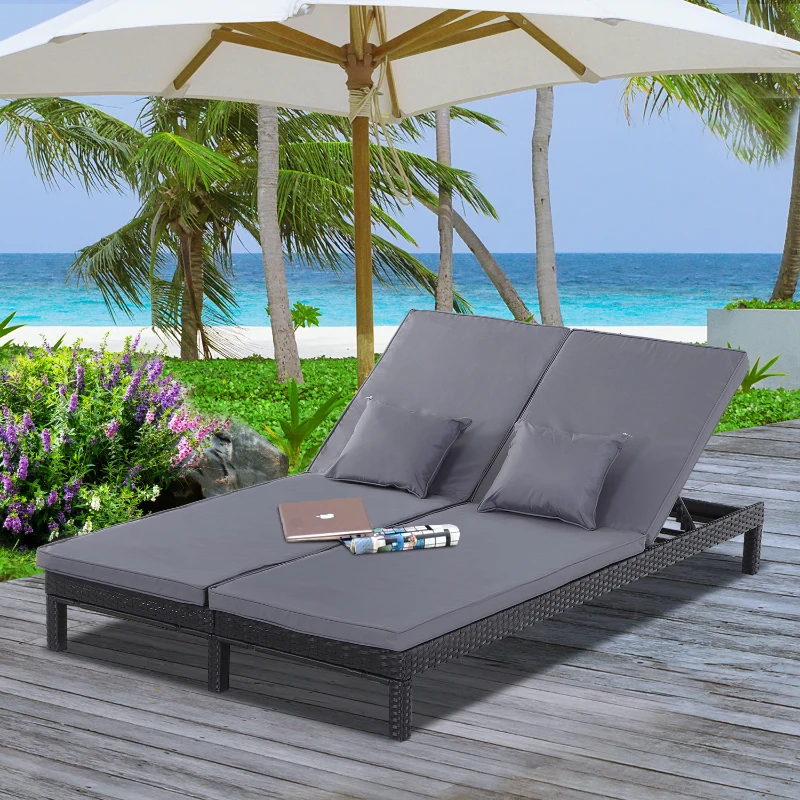 Best 2 Seater Rattan Lounger Adjustable Double Chaise Chair Loveseat w/ Cushion Black - Image 2