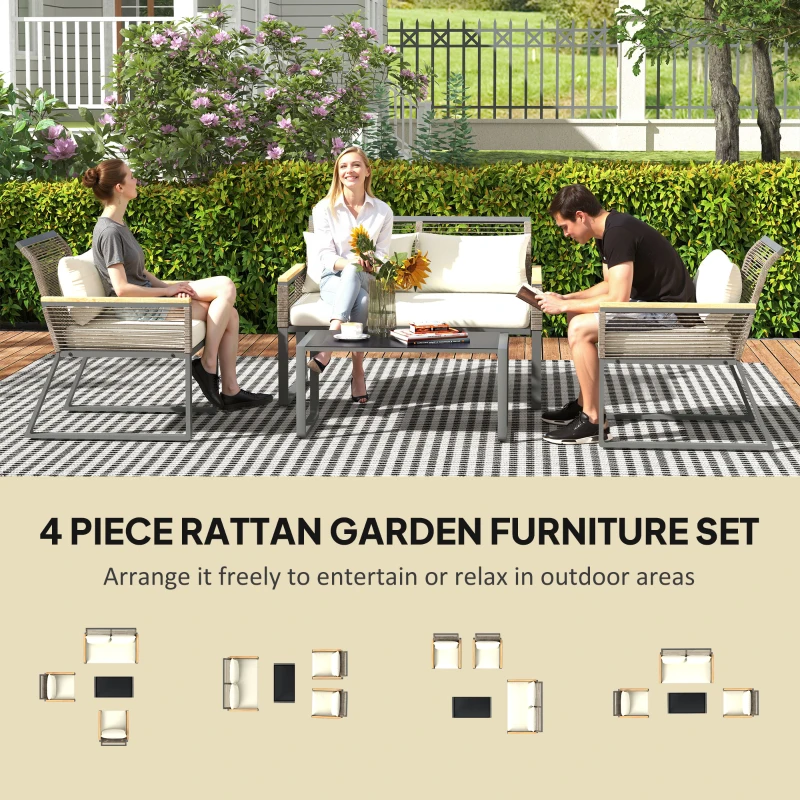 Best Four Piece Wicker Rope Garden Furniture Set with Glass Top Coffee Table - Grey - Image 4