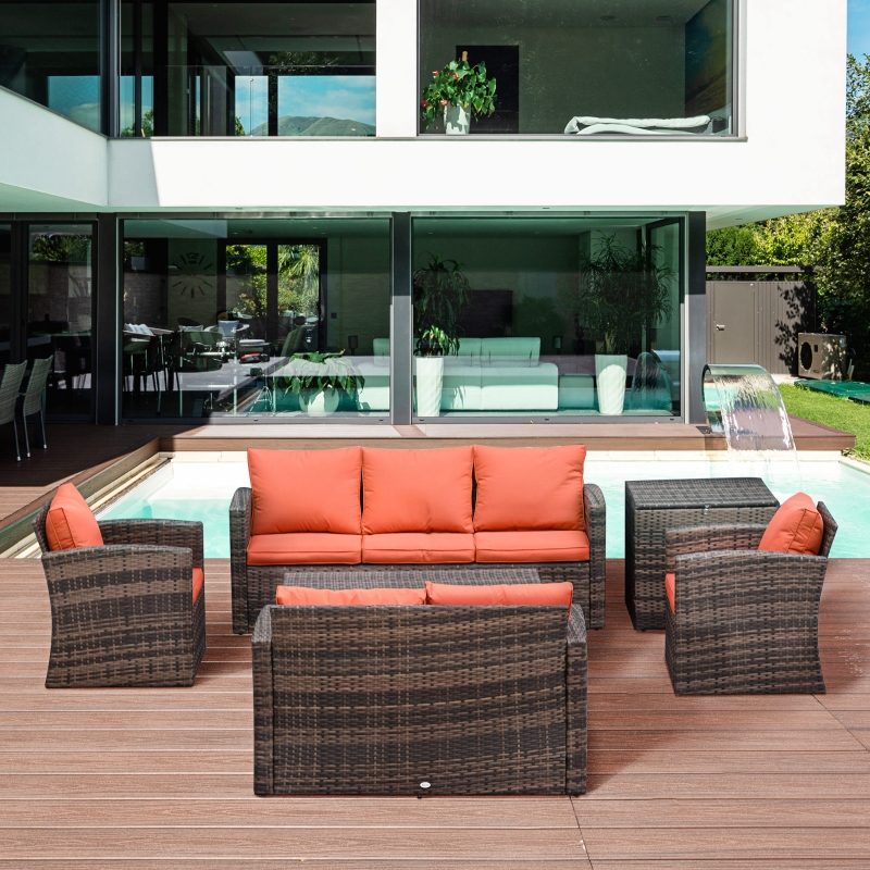 Best 6 Pieces Rattan Garden Furniture Set, 7 Seater Wicker Outdoor Furniture Set with Storage Tea Table & Side Table, Sectional Garden Sofa Set with Cushions, Orange - Image 10