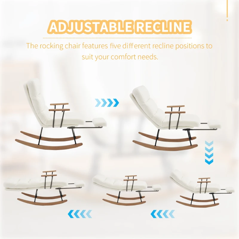 Fabric Tufted Boucle Armchair with Metal Legs, Wooden Base, High Back Rocking Chair for Living Room, Bedroom, 63.5x102x100 cm, White - Image 5