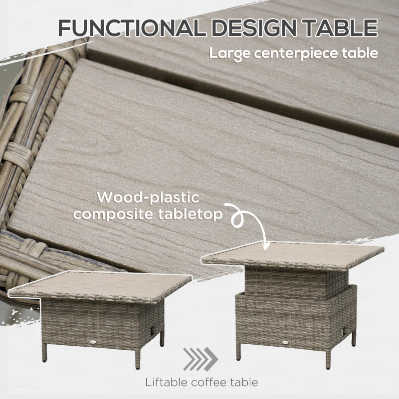 Best 6 Pieces Outdoor PE Rattan Garden Furniture, Patio Wicker Sectional Conversation Corner Sofa w/ Soft Padded Cushion & Liftable Coffee Table, Light Grey - Image 6