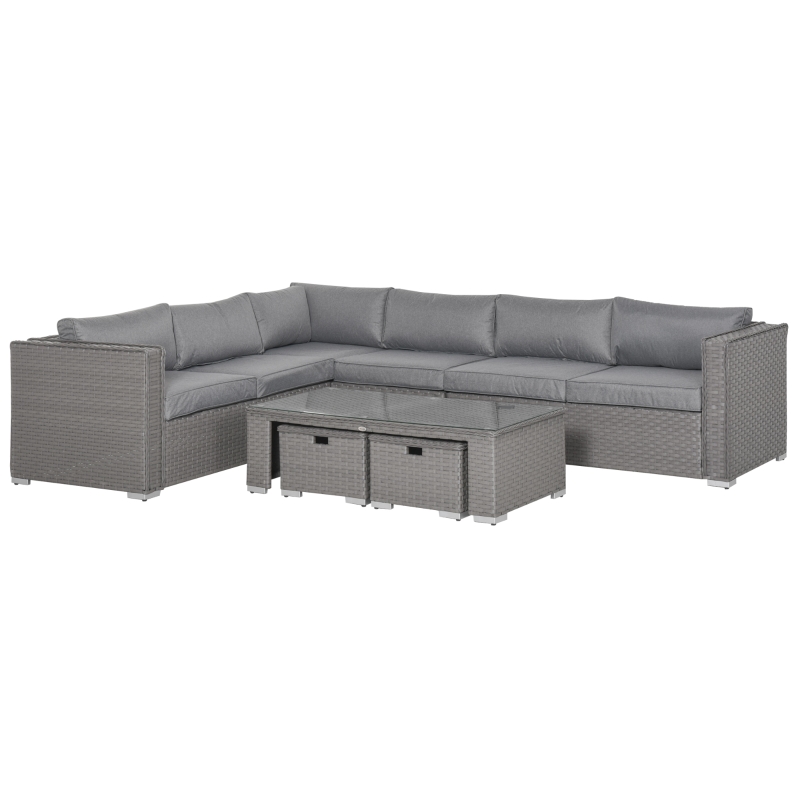 Best 6 Pieces Outdoor PE Rattan Wicker Corner Sofa Set with 10cm Thick Padded Cushions, Aluminium Conservatory Furniture with Glass Top Coffee Table, Footstools, Grey - Image 14