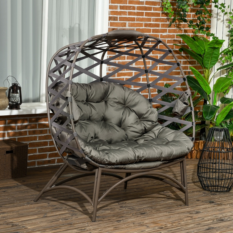 Best 2 Seater Egg Chair Outdoor, Folding Weave Garden Furniture Chair with Cushion, Cup Pockets - Sand Brown - Image 10