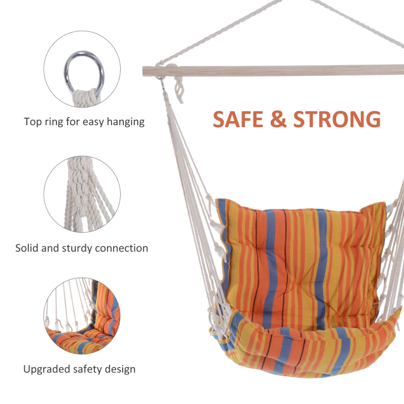 Best Outdoor Hanging Rope Chair with Soft Padded Seat & Backrest, Garden Hammock Chair with Wooden Support Bar Cotton Cloth, Portable Garden Chair for Patio & Tree, Orange - Image 4