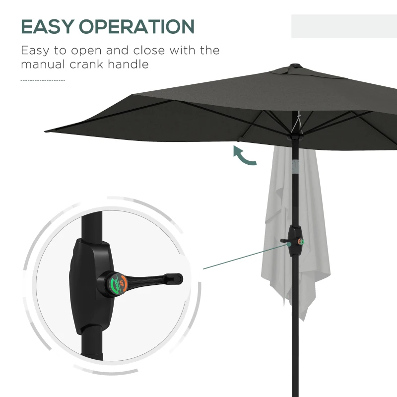 Best 2 x 3(m) Garden Parasol Umbrella, Rectangular Outdoor Market Umbrella Sun Shade with Crank & Push Button Tilt, 6 Ribs, Aluminium Pole, Dark Grey - Image 5