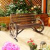 Best 2 Seater Garden Bench with Wooden Cart Wagon Wheel Rustic High Back Brown - Image 2