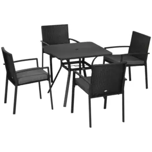 Best Five-Piece Garden Dining Set, with Rattan Seat Chairs and Cushions - Black