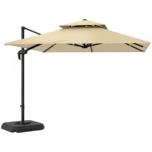 Best 2.7 x 2.7(m) Cantilever Parasol with Aluminium Frame, Crank and Tilt, 360° Rotation, Double Top Garden Umbrella with Base and Cover, Khaki