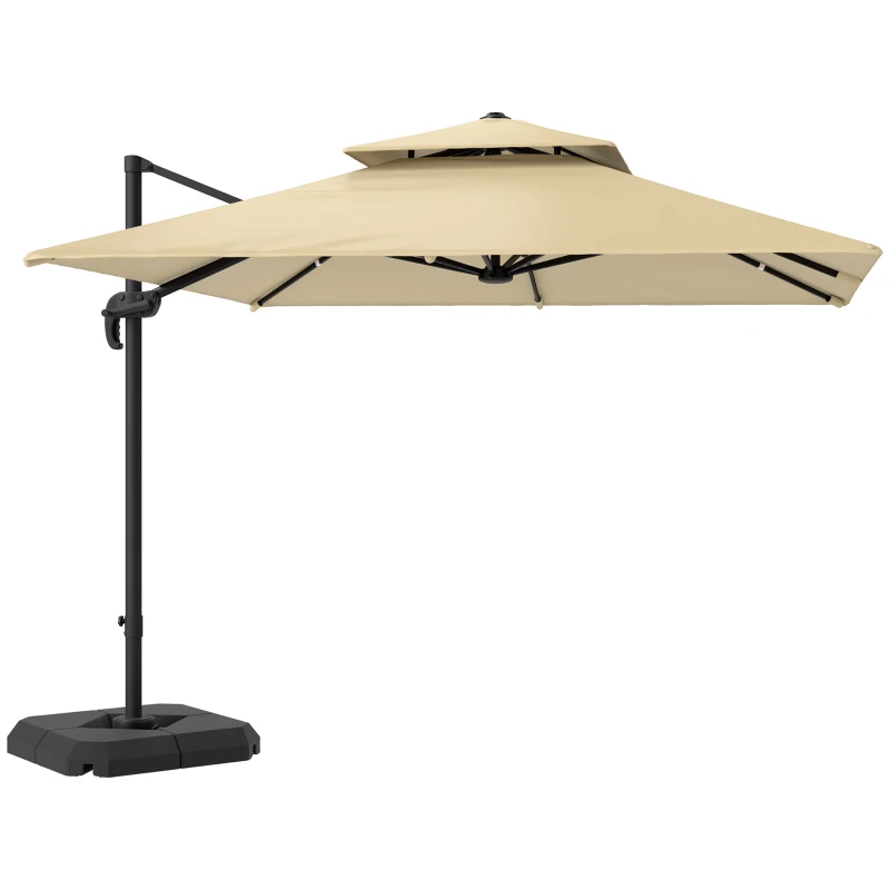 Best 2.7 x 2.7(m) Cantilever Parasol with Aluminium Frame, Crank and Tilt, 360° Rotation, Double Top Garden Umbrella with Base and Cover, Khaki