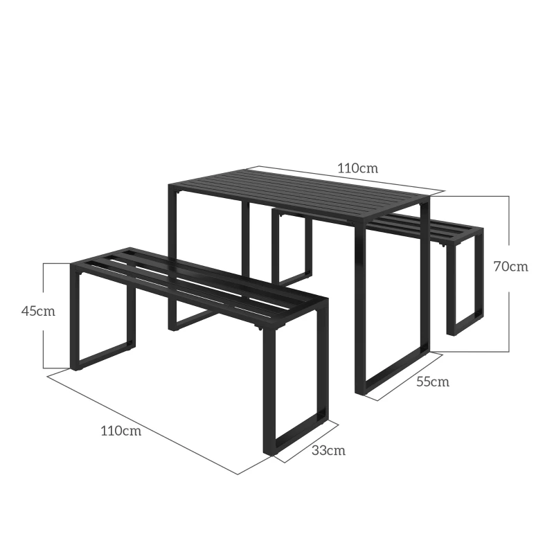 Best 3 Pieces Picnic Bench Set with Table and 2 Benches, Slated Design Dining Trestle Beer Table and Seat, Black - Image 3