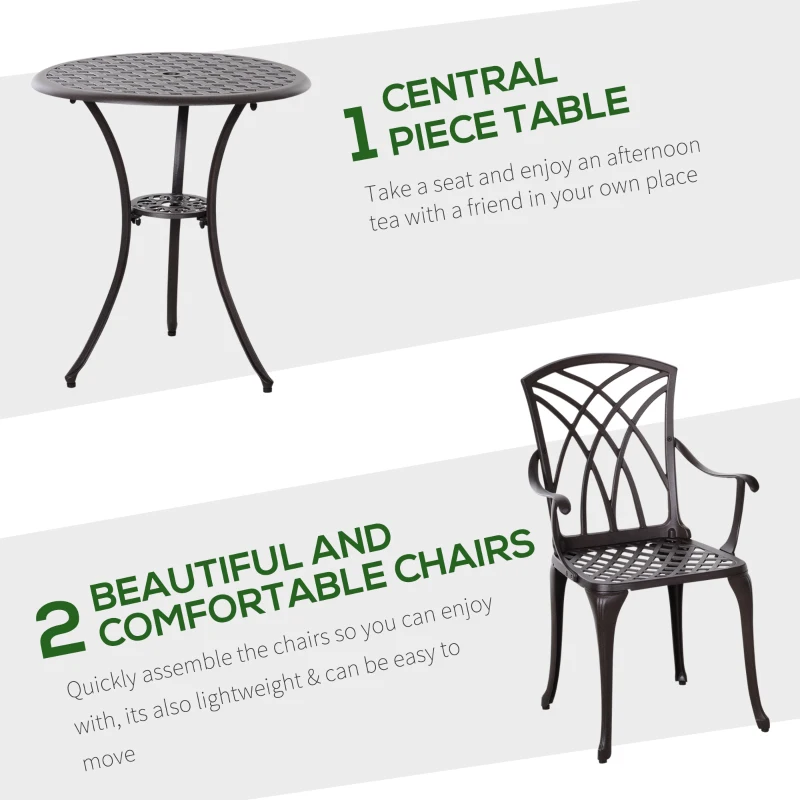 Best 3 Pieces Garden Dining Set for 2, Cast Aluminium Outdoor Dining Set with 2 Armchairs and Round Dining Table with Parasol Hole, Garden Furniture Set, Brown - Image 4