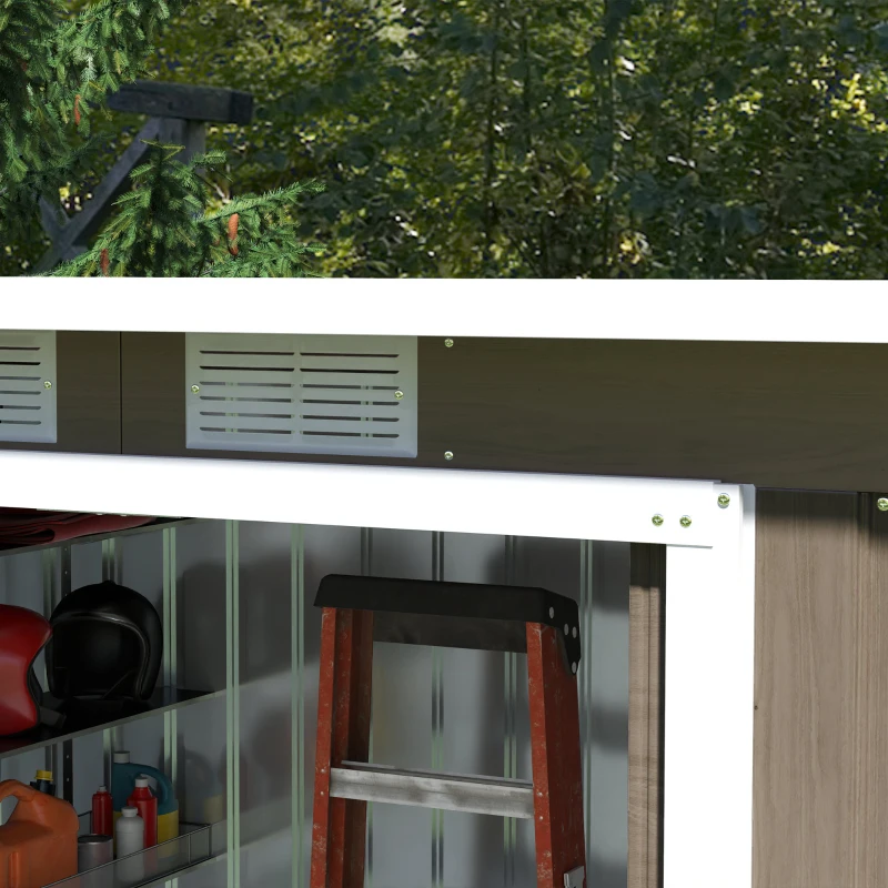 Best 9ft x 4ft Metal Garden Shed, Outdoor Tool House with Foundation Kit, Ventilations and Double Doors, Light Grey Wood Grain - Image 8