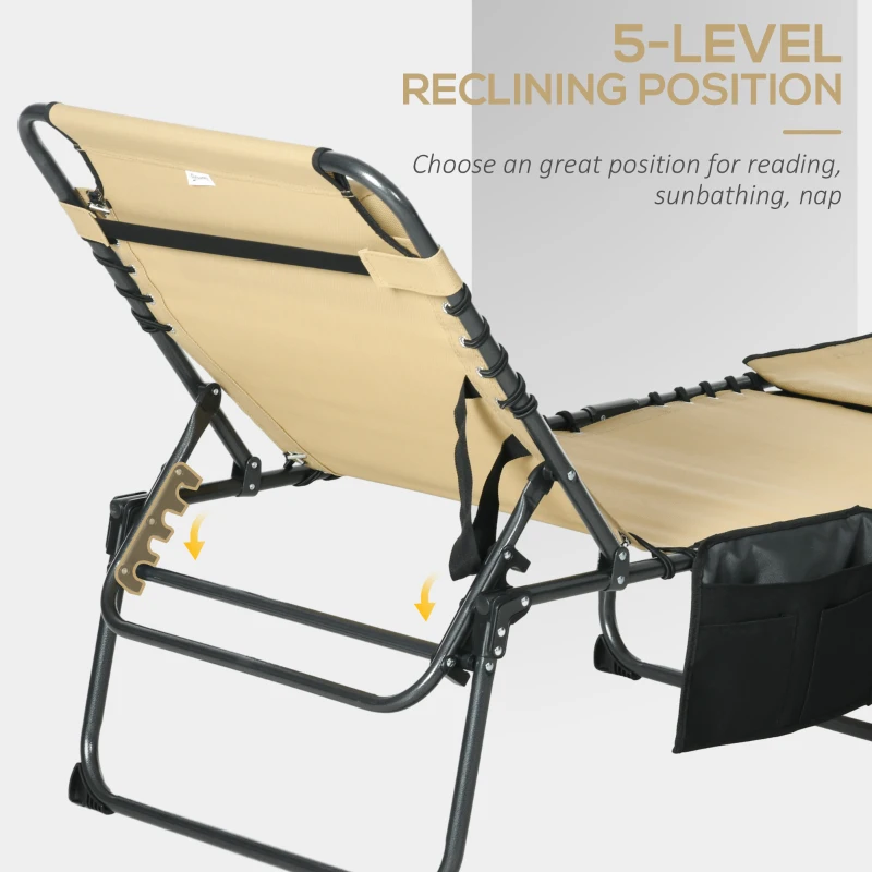 Best Folding Sun Lounge with 5-level Reclining Back, Outdoor Tanning Chair with Reading Hole, Outdoor Sun Lounge with Side Pocket, Headrest, for Beach, Yard, Patio, Beige - Image 6