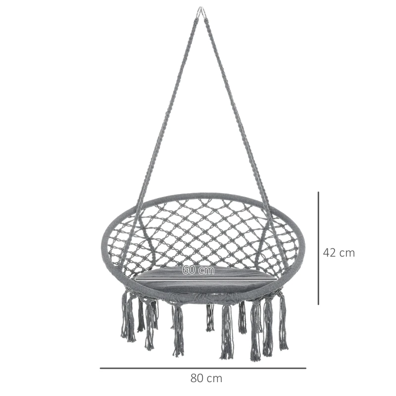 Best Outdoor Cotton-Polyester Blend Macrame Hanging Rope Chair with Cushion, Portable Garden Chair with Fringe Tassels for Patio, Deck, Tree, Grey - Image 3