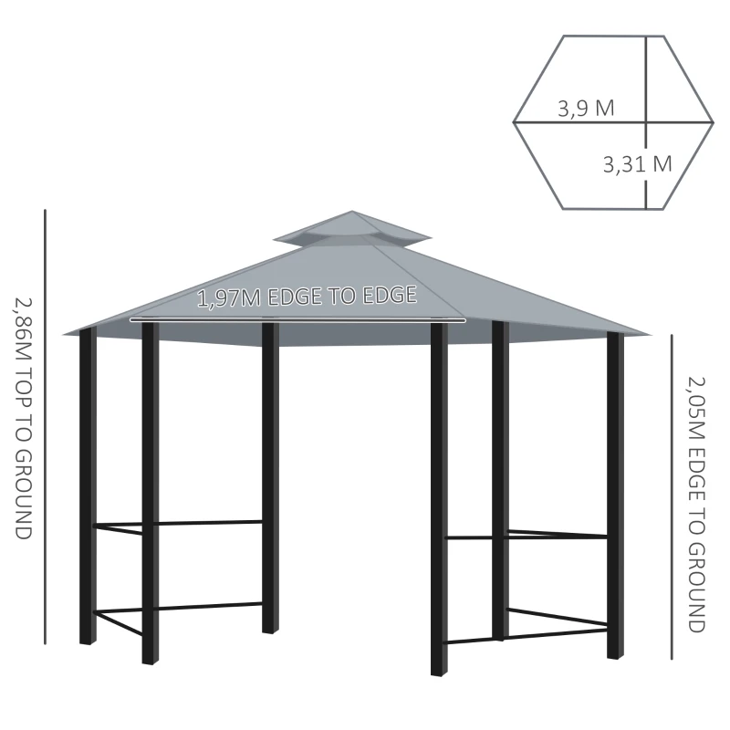 Best 3 x 3(m) Hexagon Gazebo Patio Canopy Party Tent Outdoor Garden Shelter w/ 2 Tier Roof & Side Panel - Grey - Image 3
