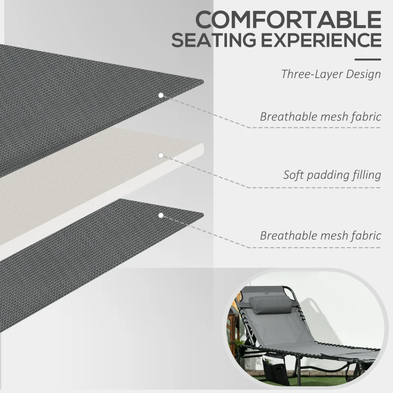 Best Folding Sun Lounge with 5-level Reclining Back, Outdoor Tanning Chair with Reading Hole, Outdoor Sun Lounge with Side Pocket, Headrest, for Beach, Yard, Patio, Grey - Image 4