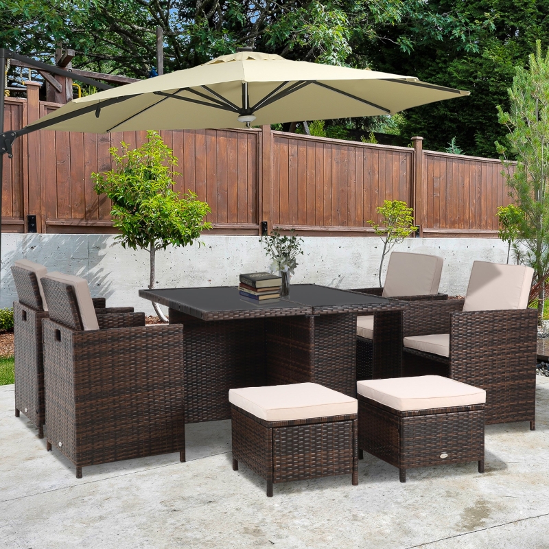 Best 8 Seater Rattan Cube Garden Furniture Set, Rattan Dining Set with Cushions, Outdoor Dining Table and Chairs with 4 Armchairs, 4 Stools, Square Glass Top Table for Patio, Balcony, Brown - Image 10