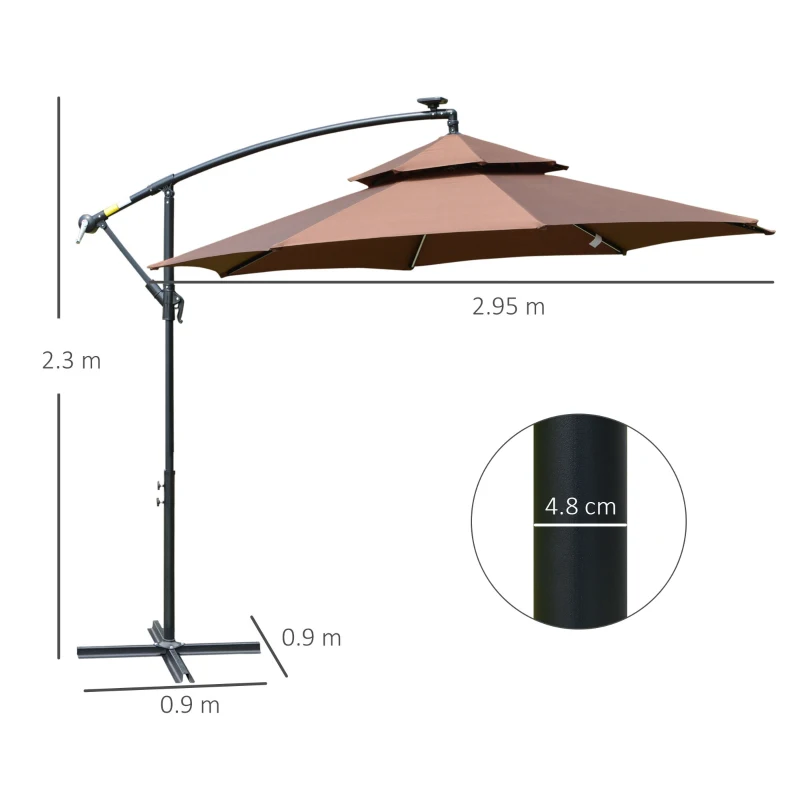 Best 3(m) Cantilever Banana Parasol Hanging Umbrella with Double Roof, LED Solar lights, Crank, 8 Sturdy Ribs and Cross Base for Outdoor, Garden, Patio, Coffee - Image 3