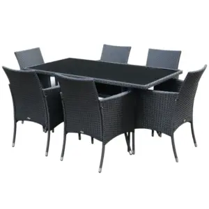 Best 6 Seater Rattan Dining Set with Cushions, Rattan Garden Furniture Set with 6 Armchairs, Rectangular Glass Top Table, Outdoor Dining Table and Chairs, Black