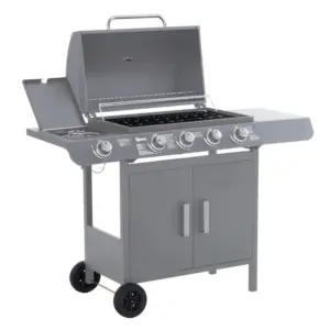 Best 4+1 Burner Gas BBQ Grill, Outdoor Barbecue Trolley with Wheels, Warming Rack, Side Shelves, Cabinet, Thermometer for Garden, Party, Camping, 125 L x 51 W x 100 H cm, Grey