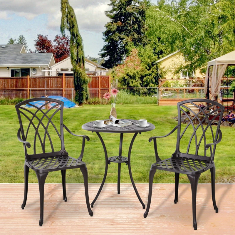 Best 3 Pieces Garden Dining Set for 2, Cast Aluminium Outdoor Dining Set with 2 Armchairs and Round Dining Table with Parasol Hole, Garden Furniture Set, Brown - Image 2