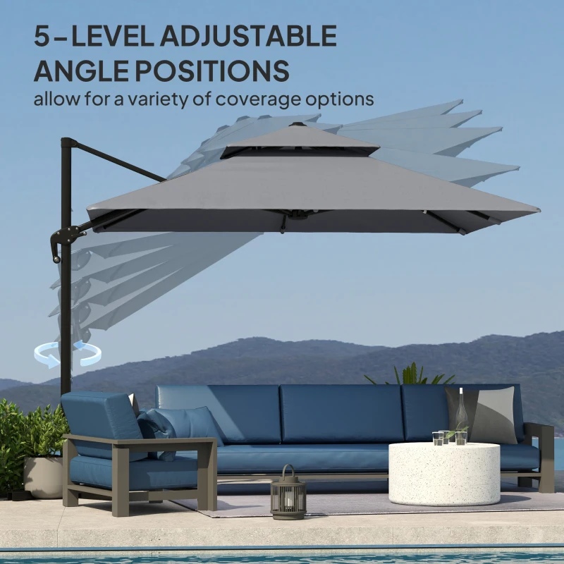 Best 3 x 3(m) Cantilever Parasol with Aluminium Frame, Crank and Tilt, 360° Rotation, Double Top Garden Umbrella with Base and Cover, Light Grey - Image 5