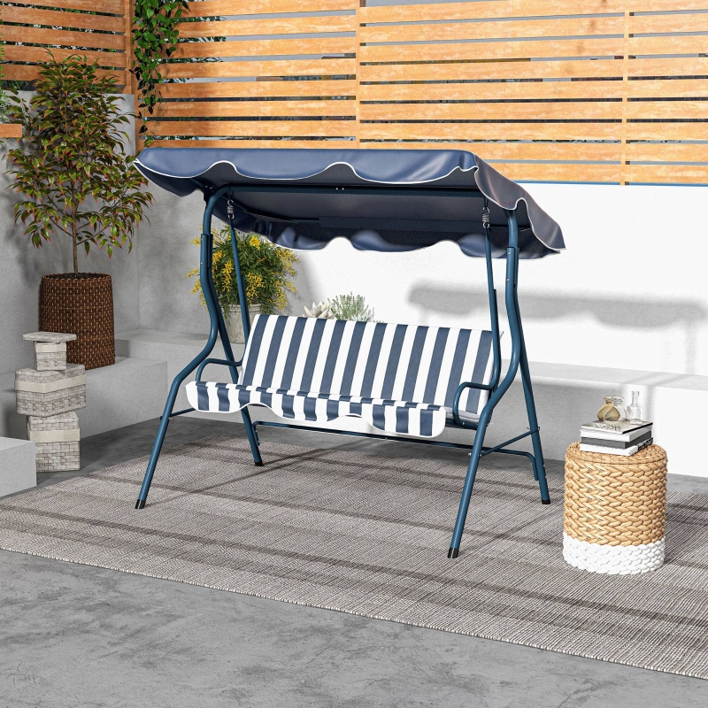 Best 3 Seater Garden Swing Seat Chair Outdoor Bench with Adjustable Canopy and Metal Frame, Blue Stripes - Image 10