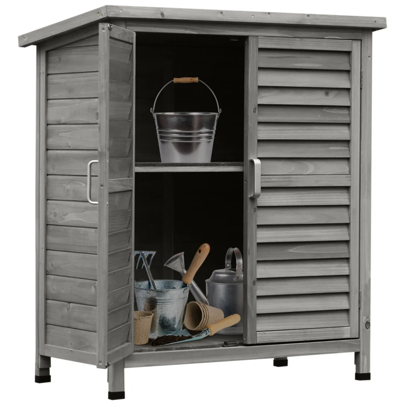 Best Garden Shed Wooden Garden Storage Shed 2 Door Unit Solid Fir Wood Garage Tool Organisation Cabinet, 87L x 46.5W x 96.5Hcm, Grey